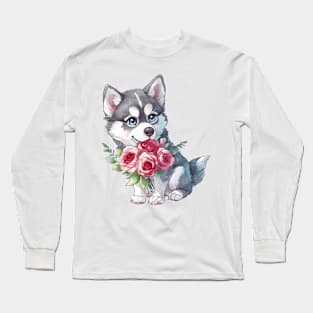 Valentine Siberian Husky Dog Giving Flowers Long Sleeve T-Shirt